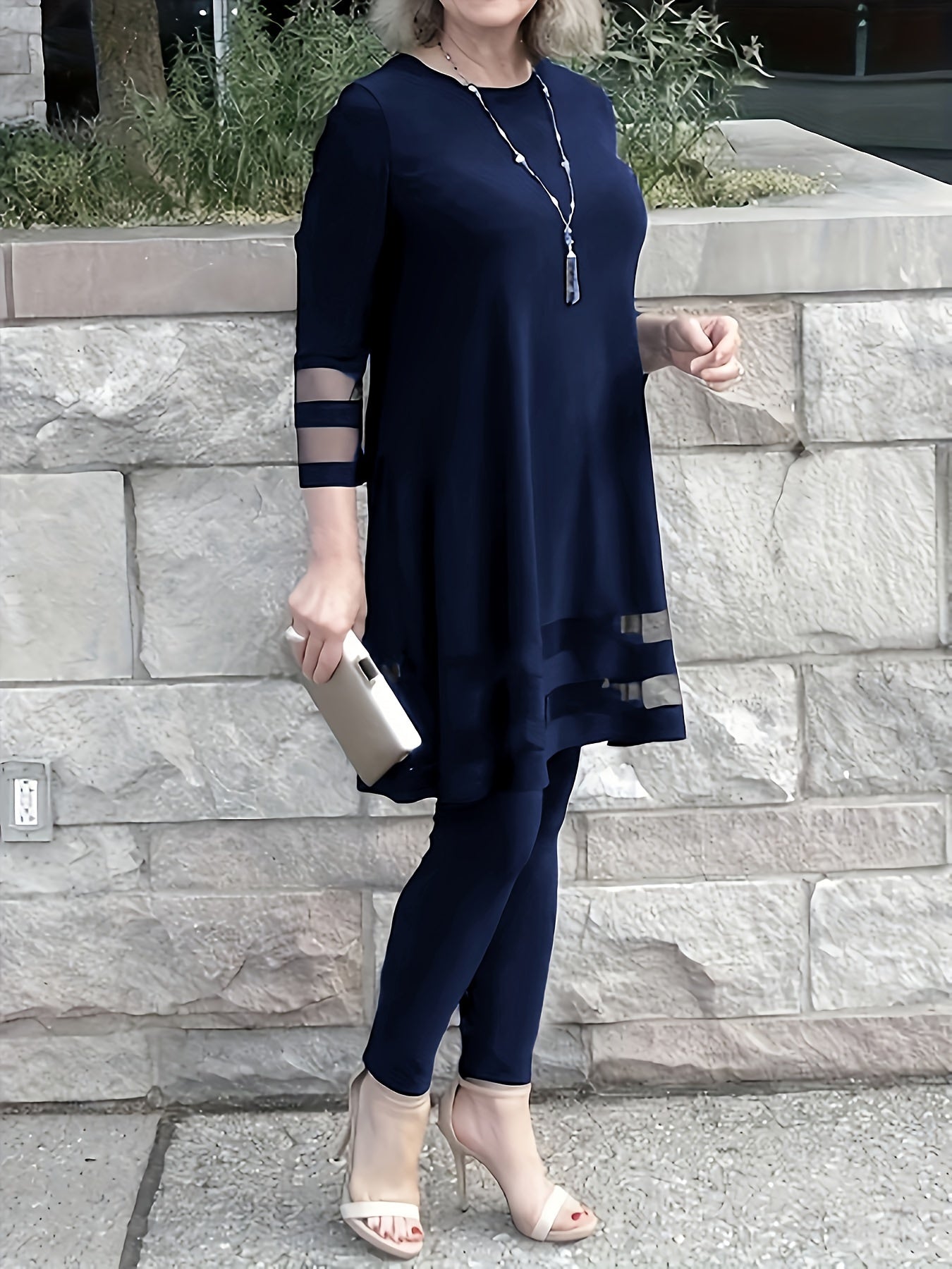 Katta o'lchamdagi mesh ikki qismli to'plam, crew neck bluzka va shimlar, ayollar uchun katta o'lchamdagi kiyimlar