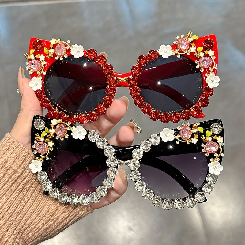 Gafas de sol con cristales en forma de gato, con rhinestones y degradado floral para fiestas de disfraces y prom.