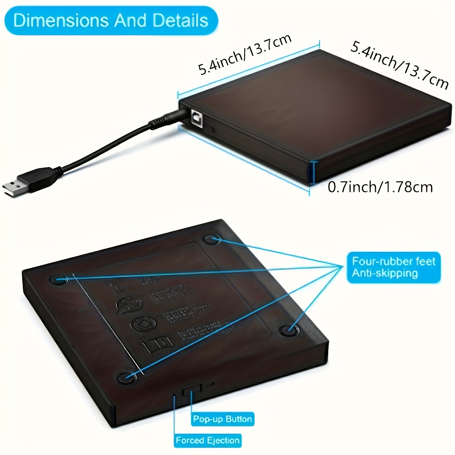 Portable External CD DVD Drive for Laptops and Desktop Computers with Storage Bag