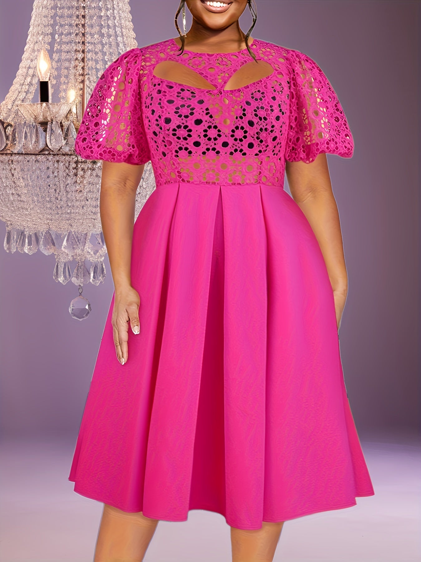 Women's Lace-Trimmed A-Line Midi Dress with Puff Sleeves Spring Green