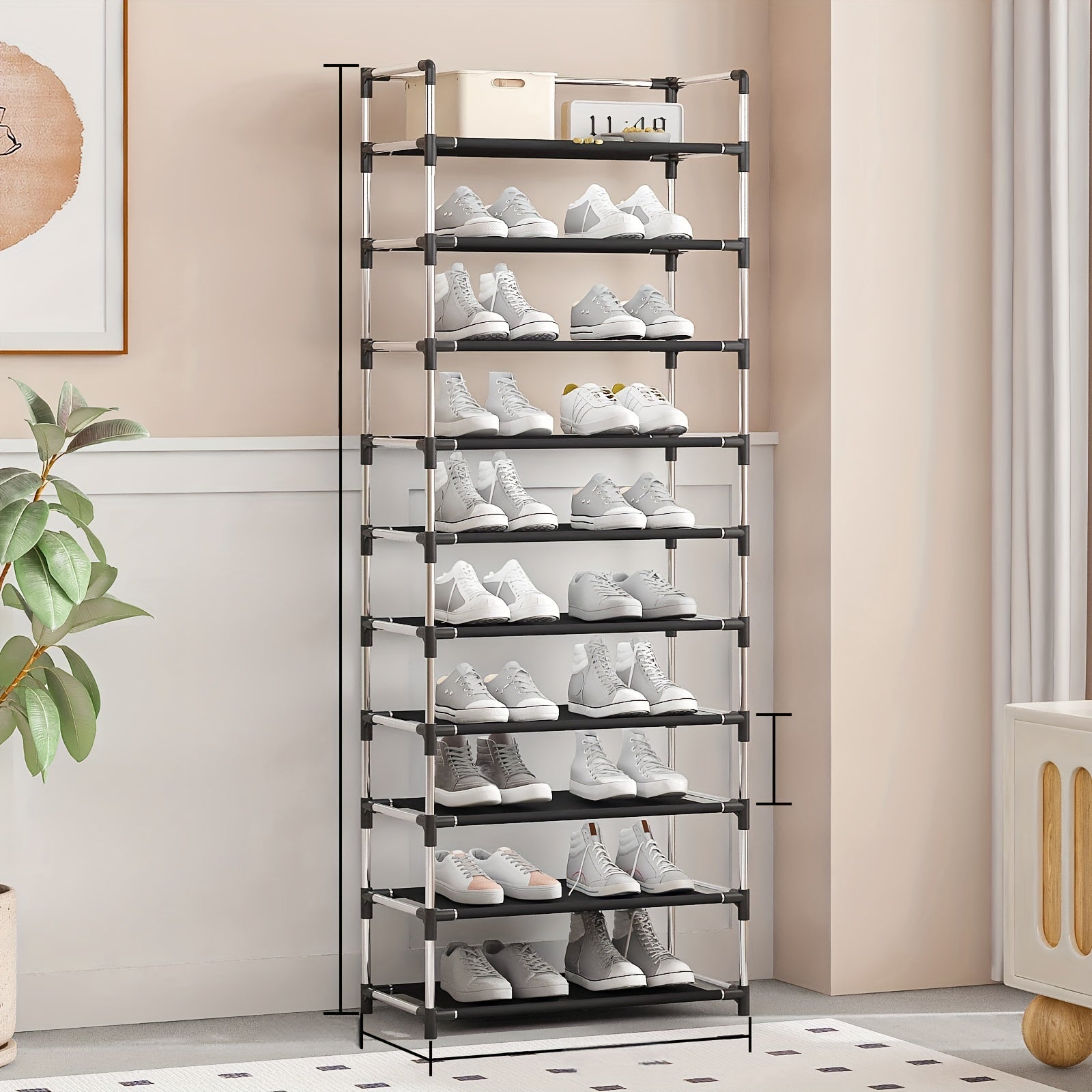 10 qatlamli joyni tejaydigan va amaliy uy poyabzal tokchasi.