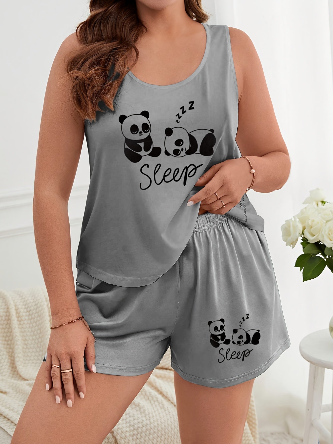 Plus Size Women's Casual Pajama Set with Grey Panda Print Tank Top and Shorts