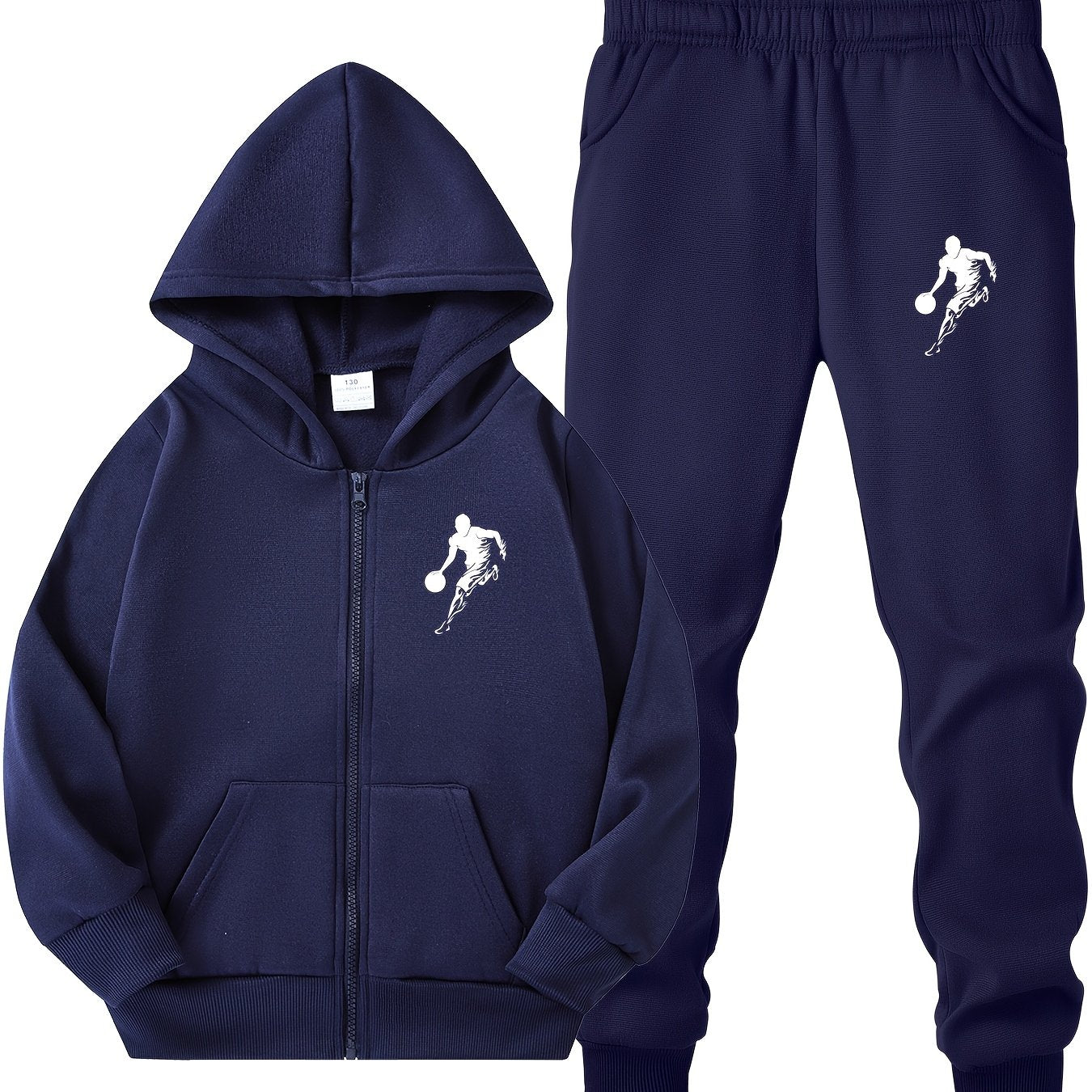 Boys' Black Basketball Print Hoodie and Jogger Set Polyester Zip Pockets Casual Sports Outdoor