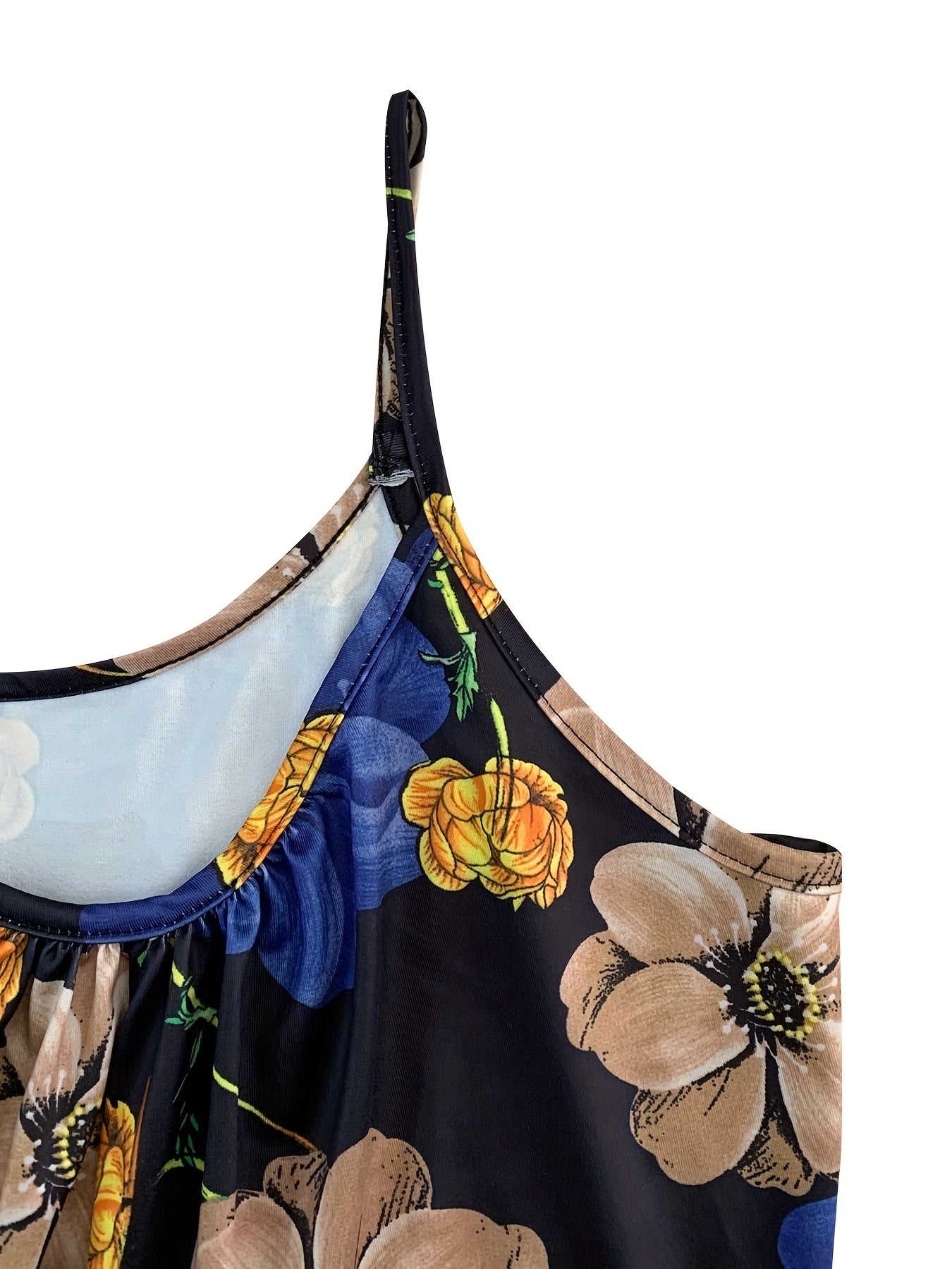 Plus Size Women's Floral Print Jumpsuit Black Blue Spaghetti Pockets Casual