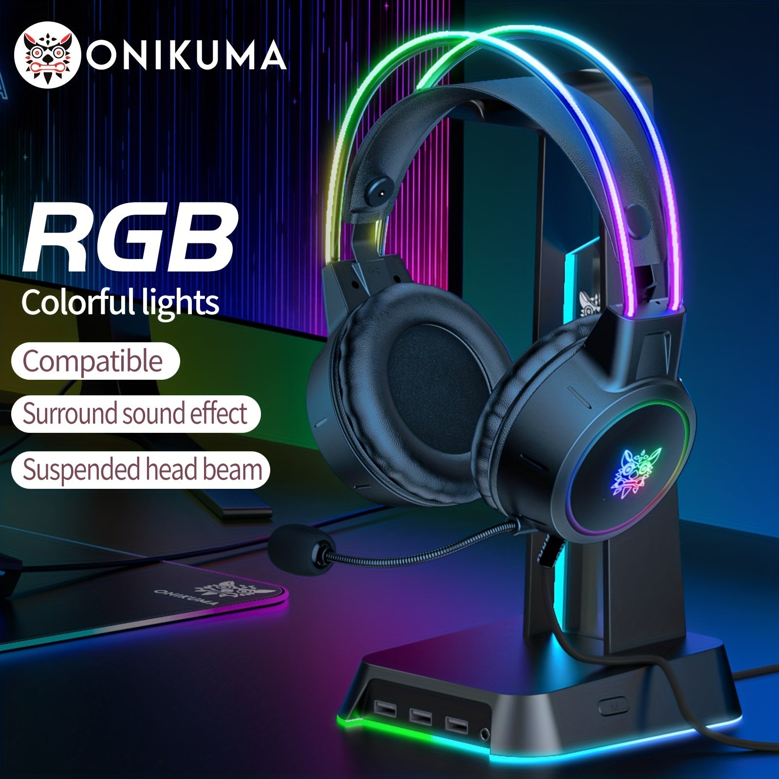 RGB Gaming Headset Noise Cancelling Surround Sound Wired with Detachable Microphone for PC and Laptop