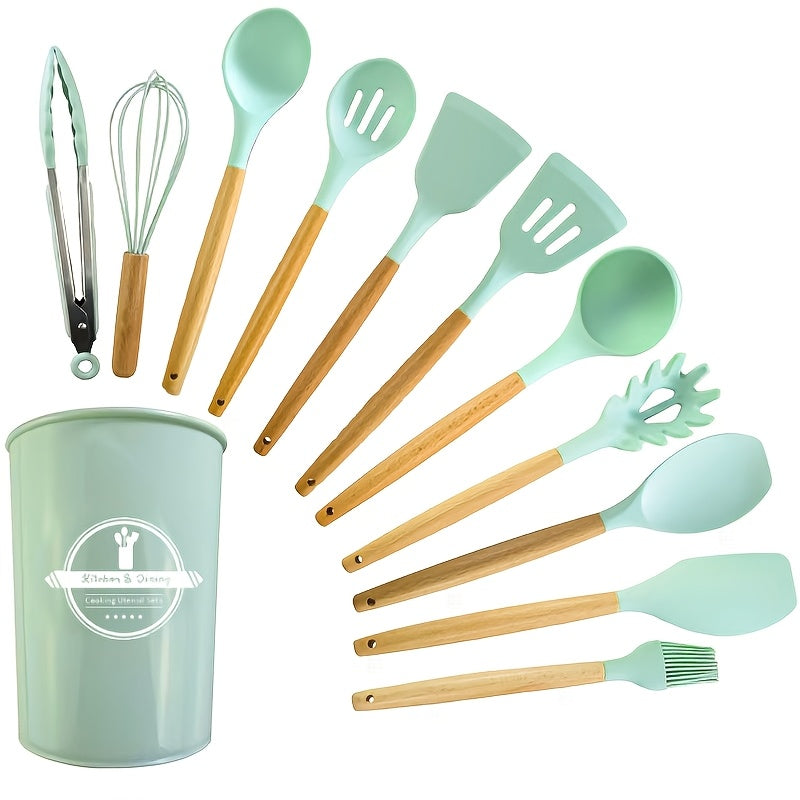 Silicone Kitchen Utensil Set 12 Pieces Non-Stick Food-Safe Cooking Tools with Wooden Handles
