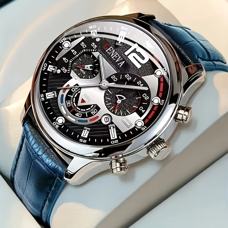 Men's Quartz Business Watch Set Alloy Case Faux Leather Strap Non-Rechargeable Battery