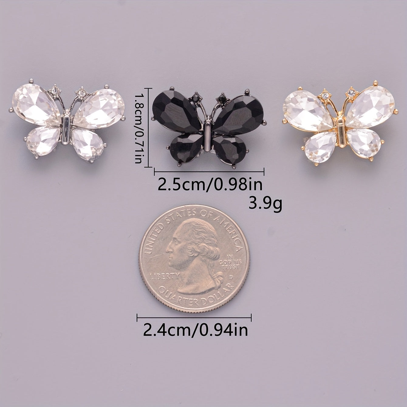Set of 4 Butterfly Crystal Buttons Alloy for Clothing Accessories and Crafts