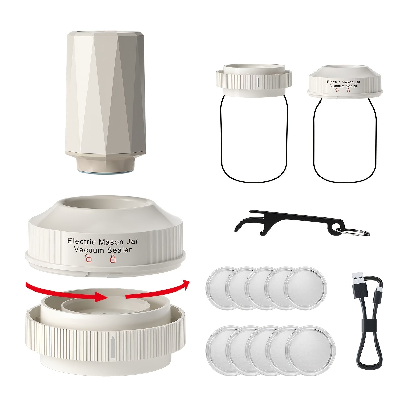 Electric Mason Jar Vacuum Sealer Kit with 10 Lids and Opener for Food Preservation