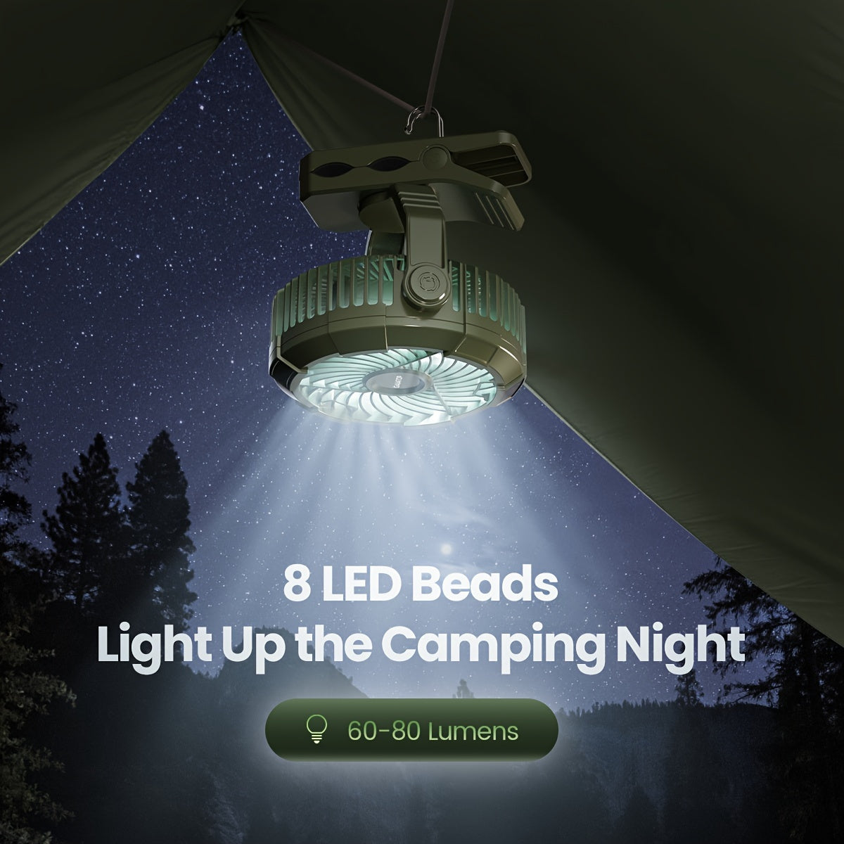 Compact Camping Fan with LED Lantern 4000mAh USB Rechargeable Quiet 360° Rotation