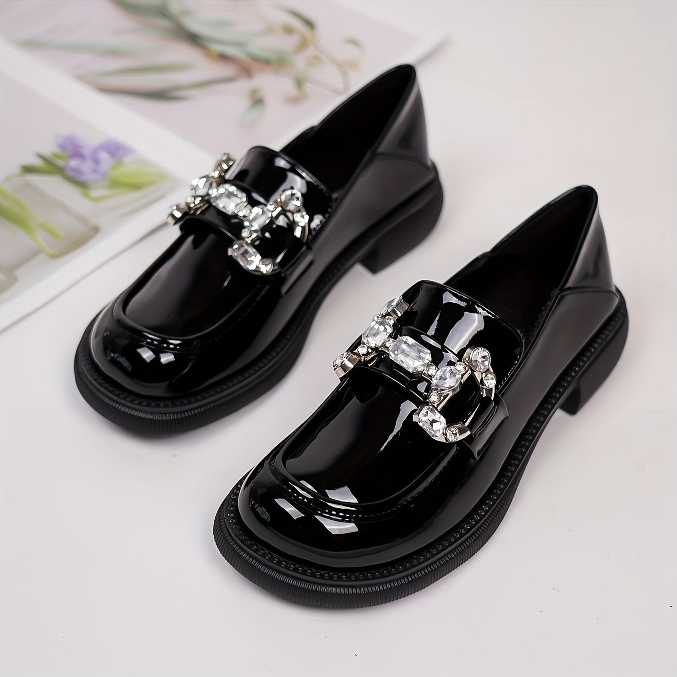 Women's Rhinestone Decor Chunky Heel Loafers Slip-On Dress Shoes All-Season