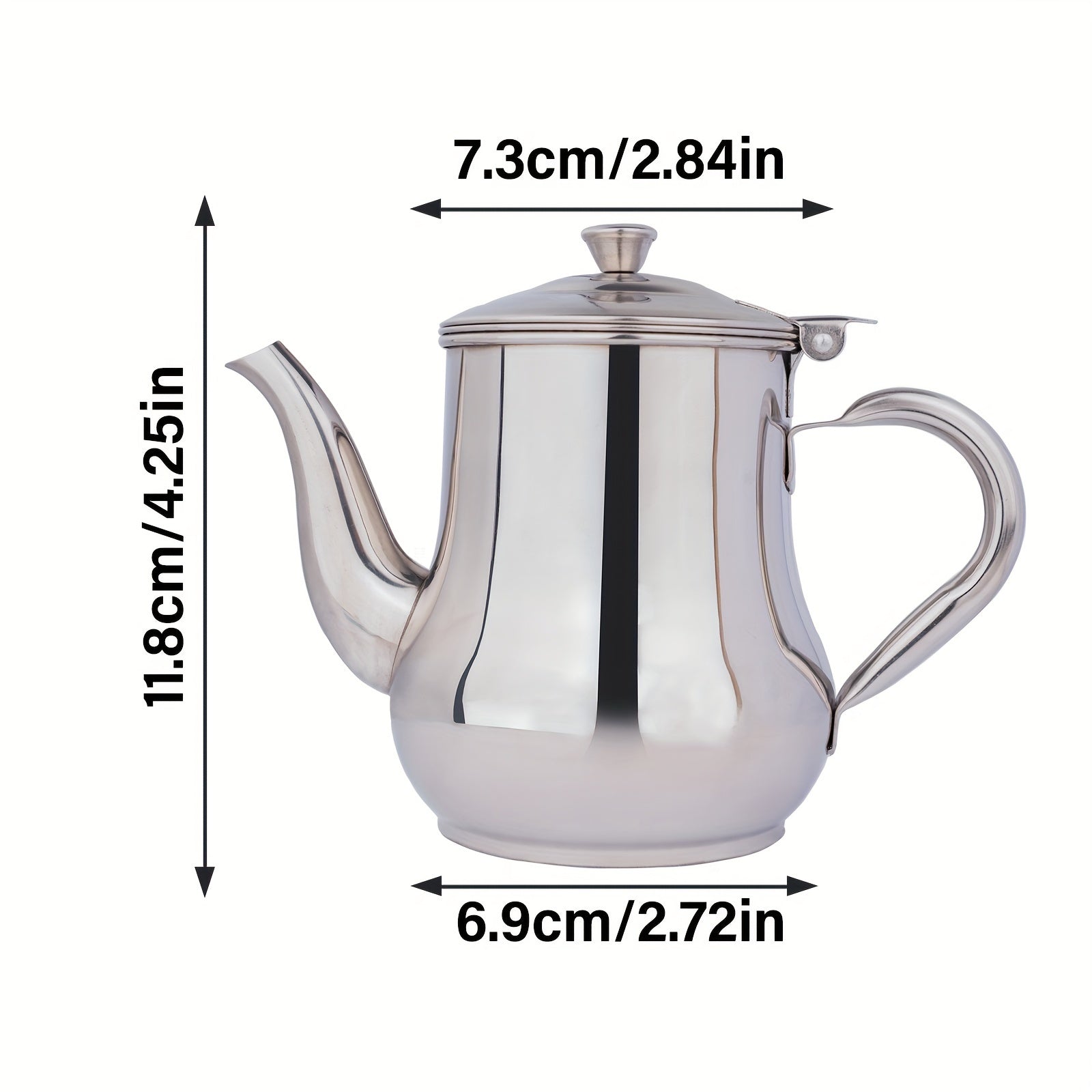 "Silver Stainless Steel Gooseneck Teapot with 48oz Capacity and Integrated Filter, BPA-Free Metal Tea Kettle and Coffee Server, Multi-Purpose Oval Table Serving Pot for Home, Restaurant, Outdoor Use. Dishwasher Safe."