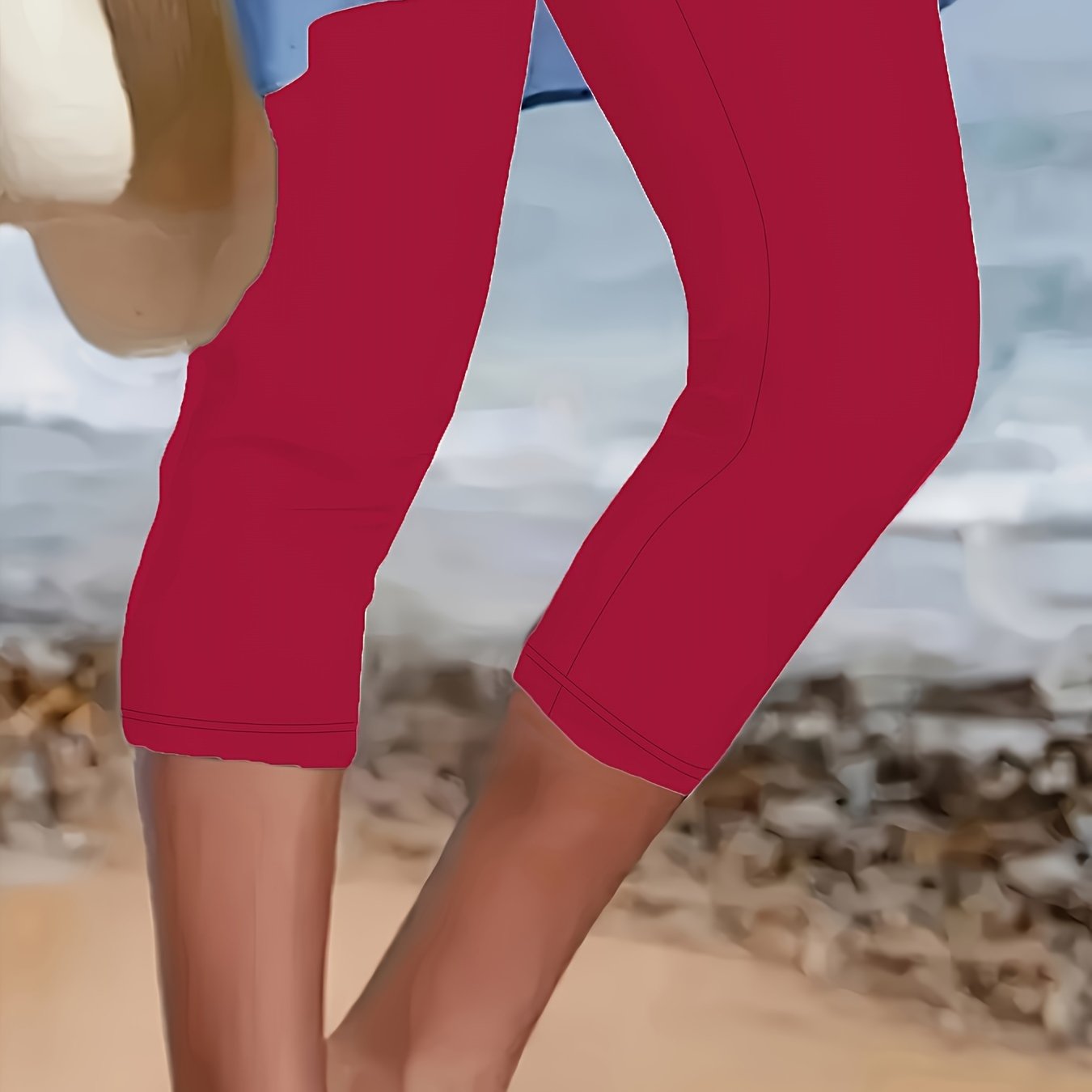 Plus Size Women's Stretchy Capris High-Waisted Solid Blue Casual