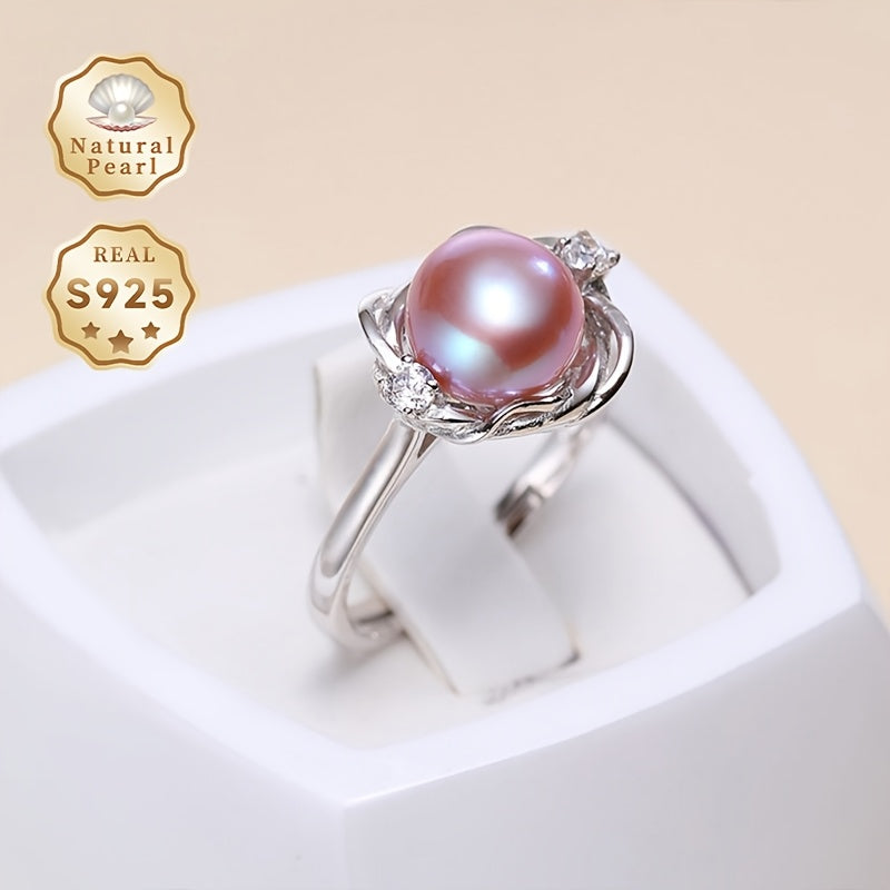 Women's Purple Pearl Ring Adjustable Silver 8-9mm Birthdays Weddings