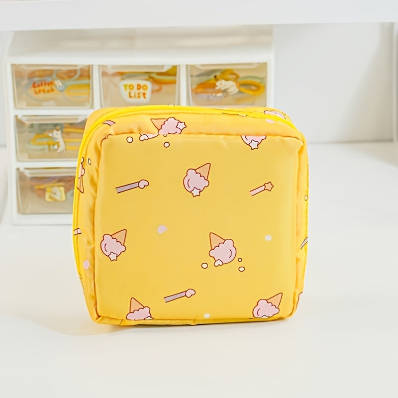 Women's Cartoon Printed Sanitary Napkin Organizer Bag with Zipper Multifunctional Travel Pouch