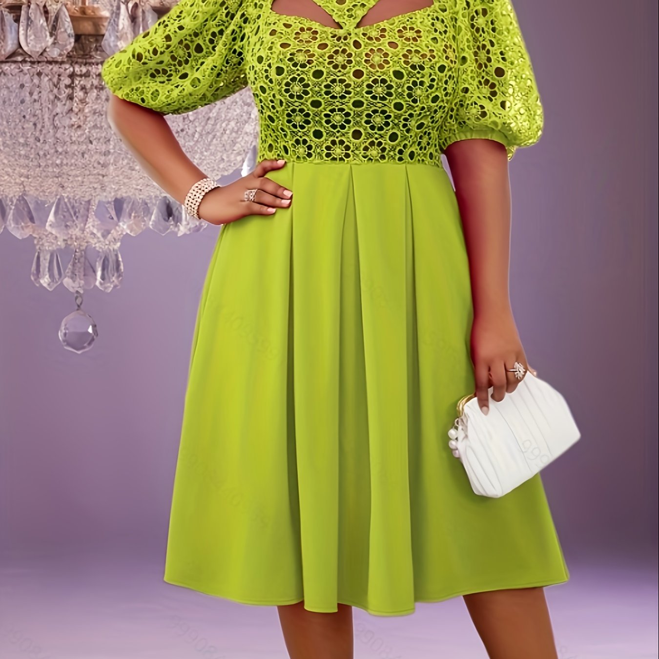 Women's Lace-Trimmed A-Line Midi Dress with Puff Sleeves Spring Green