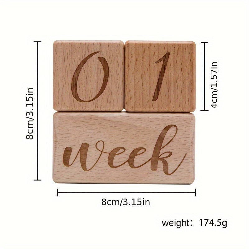 Wooden Milestone Blocks Set for Baby Photos and Growth Memories Light Brown with Drawstring Bag