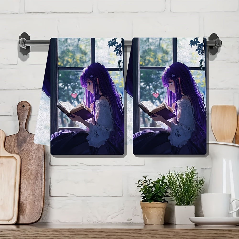 Set of 2 Ultra-Soft Kitchen Towels Anime Girl Purple Hair Absorbent Dish Towels