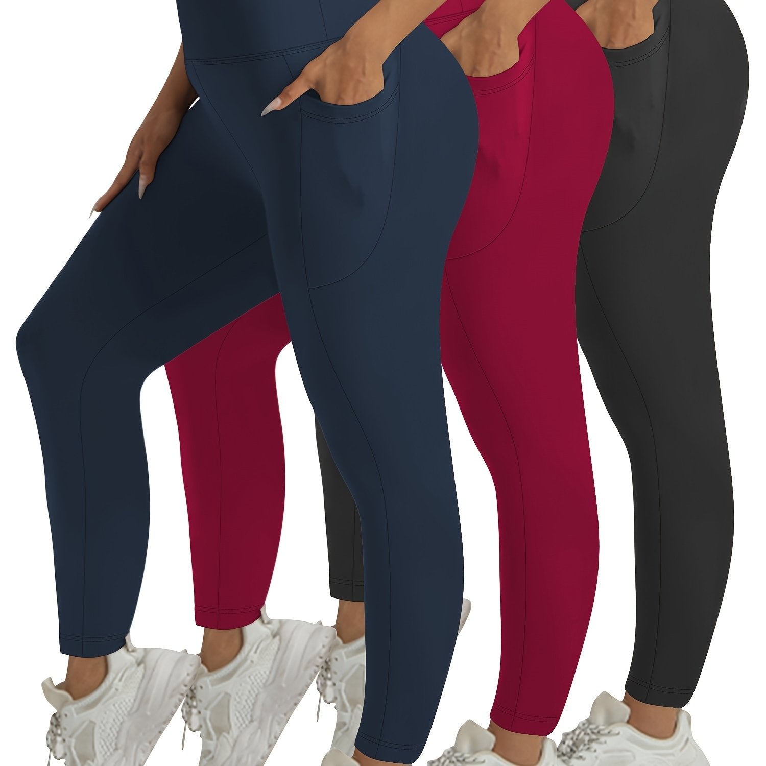 Women's High-Waisted Stretchy Leggings Set with Moon Pocket Navy Red Black