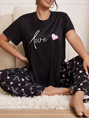 Plus Size Womens Pajama Set Colorful Heart Print Long Sleeve Top and Pants