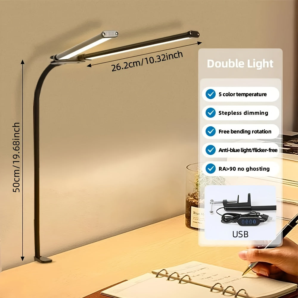 Dual Head Clip-On LED Desk Lamp with 3 Modes and 10 Brightness Levels