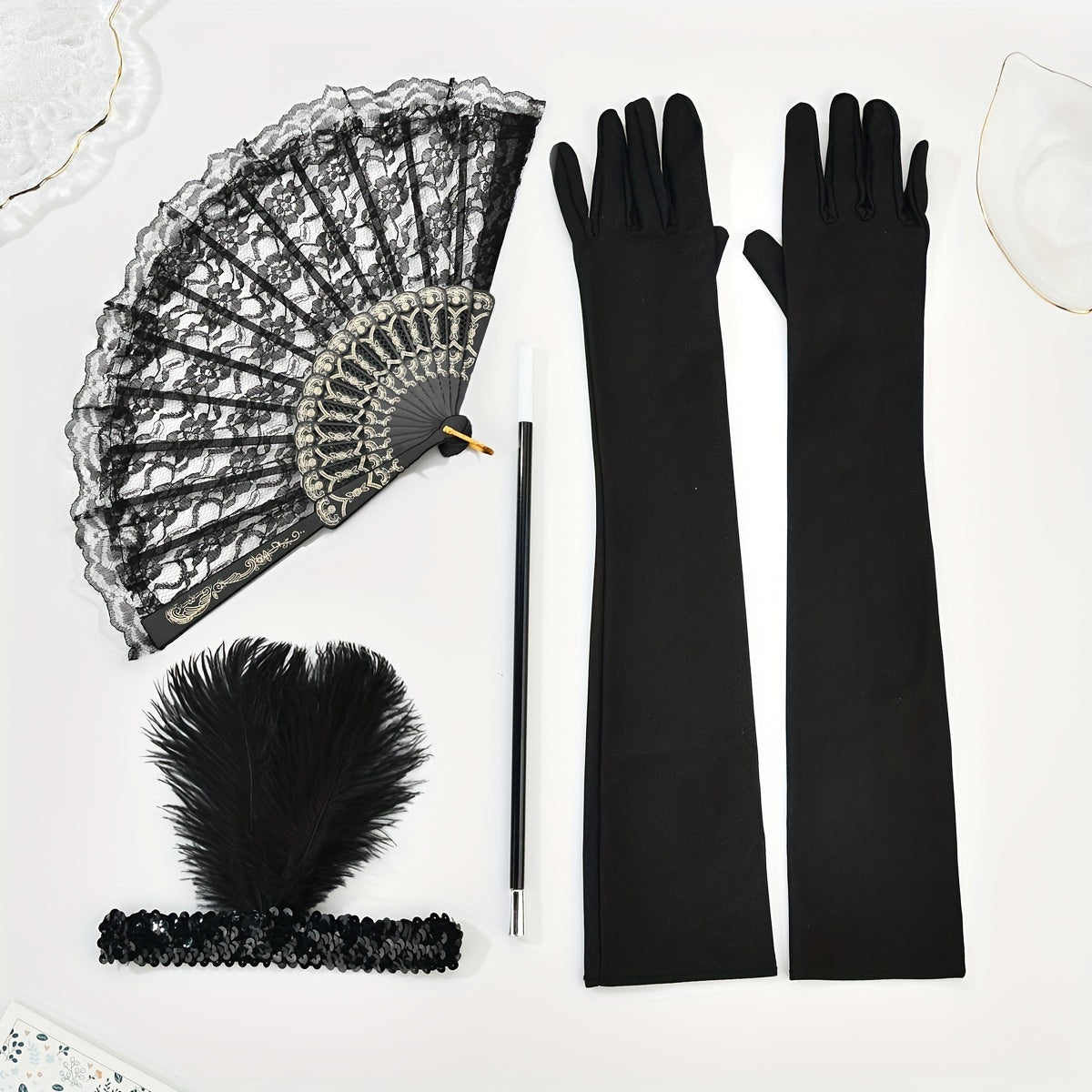 1920s Women's Masquerade Party Accessories Gloves Feather Hair Clips Smoke Tube Fans Dress Embellishments