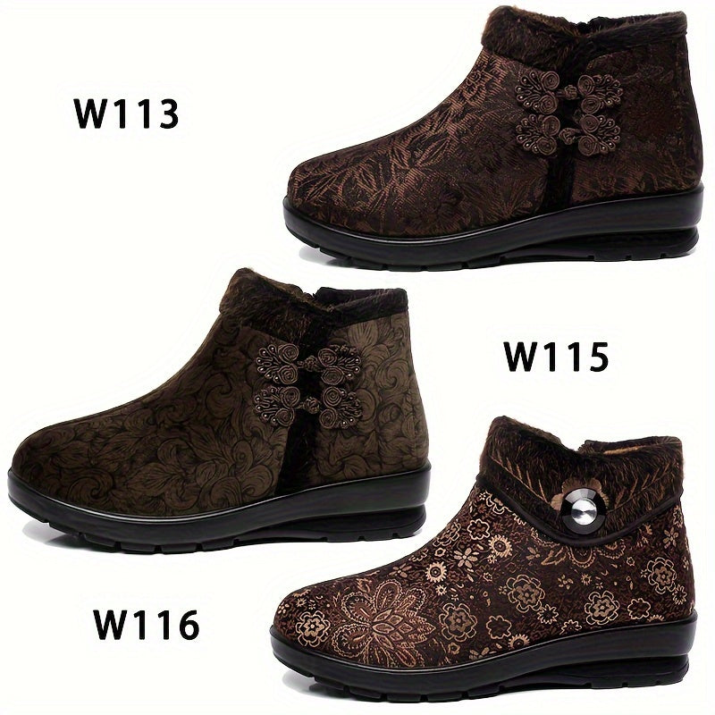 Women's Plush Snow Boots Vintage Flower Non-slip Warm Winter Shoes