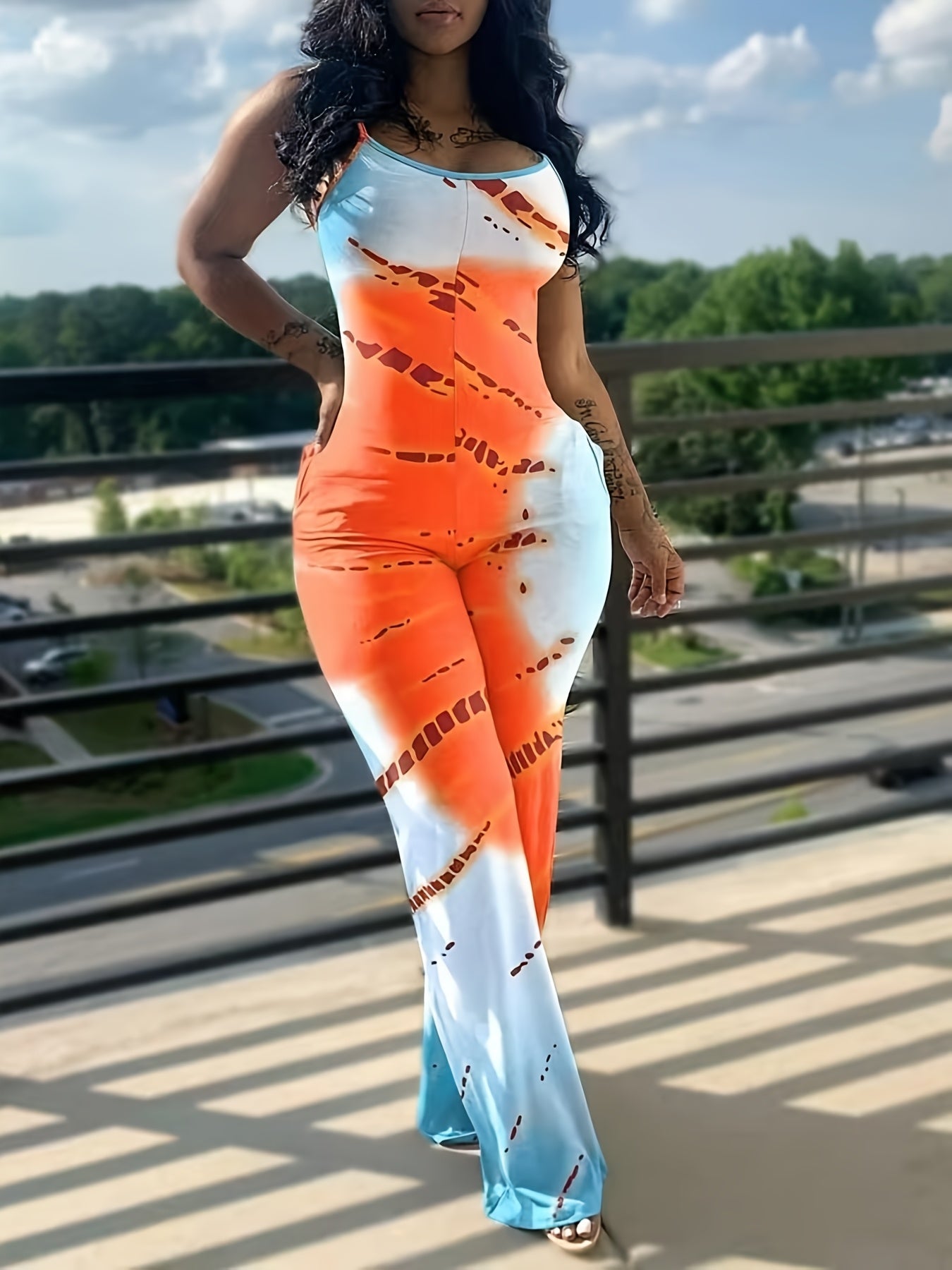 Plus Size Womens Sleeveless Jumpsuit with Pockets and Stripes