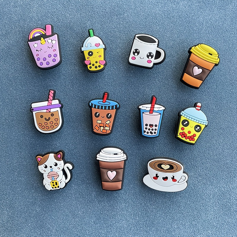 12pcs Milk Tea Themed Shoe Charms Set PVC Removable Accessories for Women