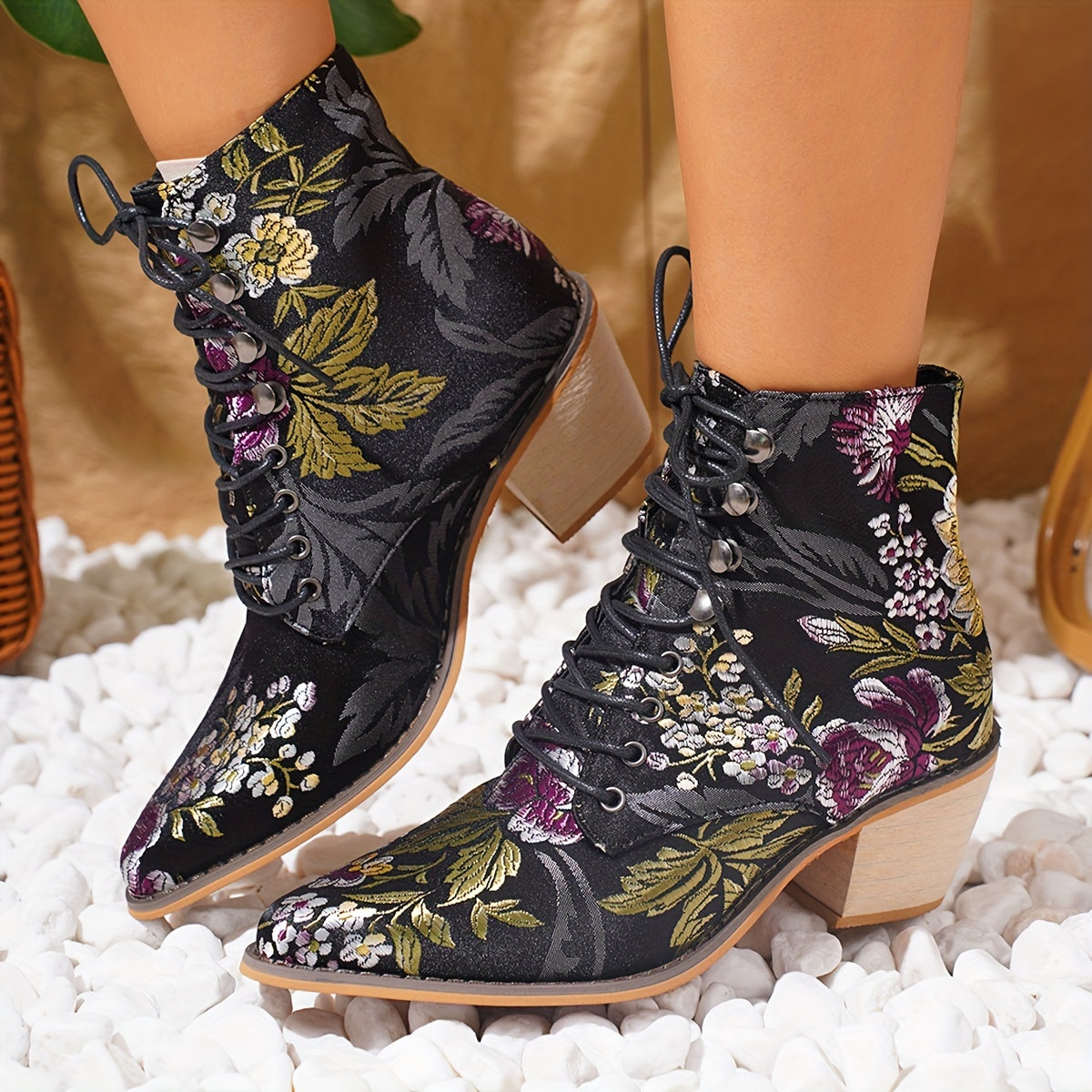 Women's Embroidered Floral Studded Pointed Toe Lace-Up Ankle Boots