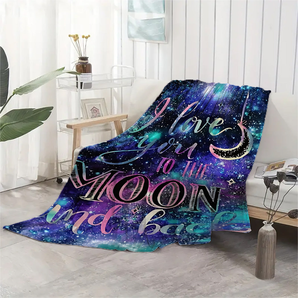 Flannel Blanket with "I Love You to The Moon and Back" Print Soft All-Season Polyester 250-300gsm