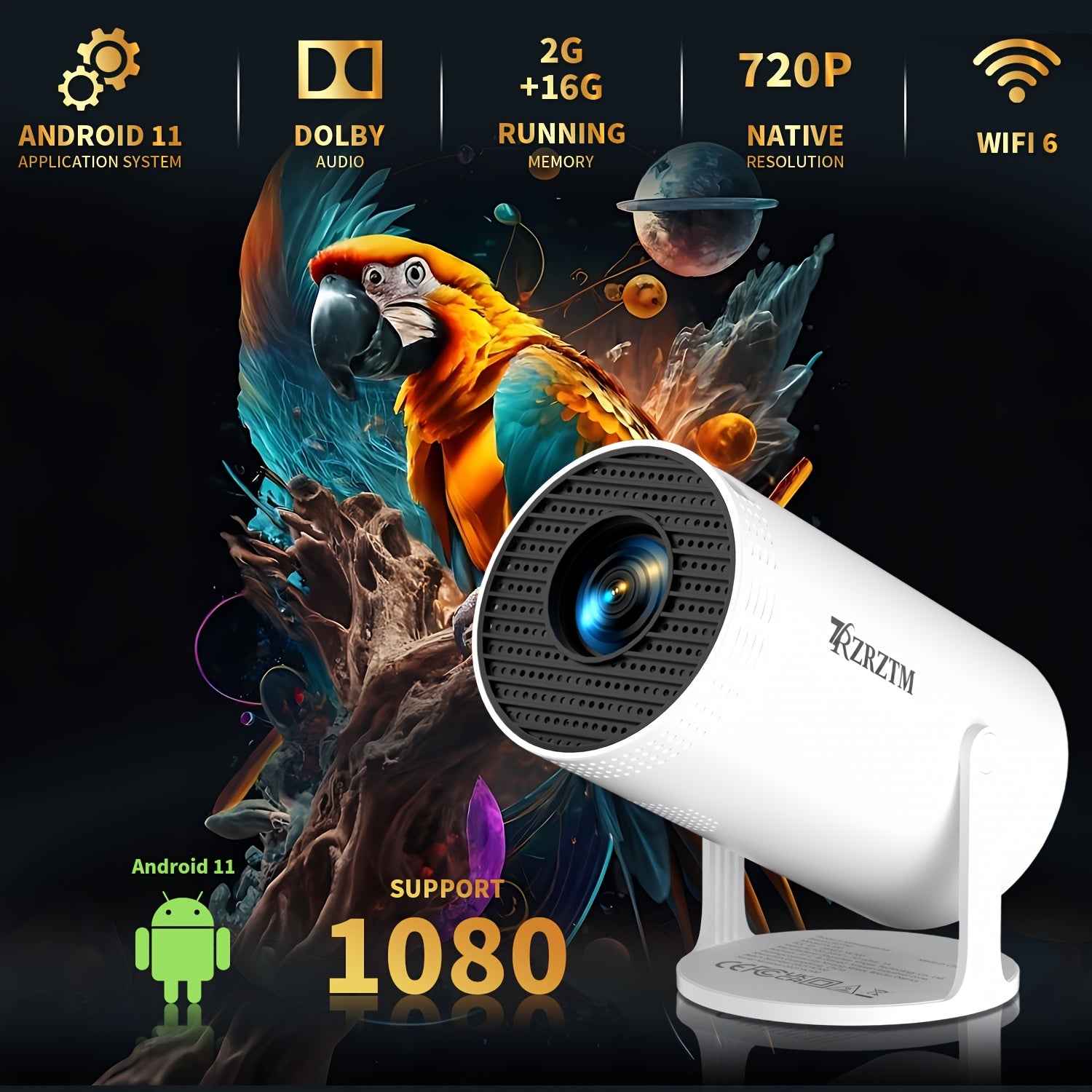 Intelligent Projector 1280x720P 180° Projection Home Cinema Camping Office