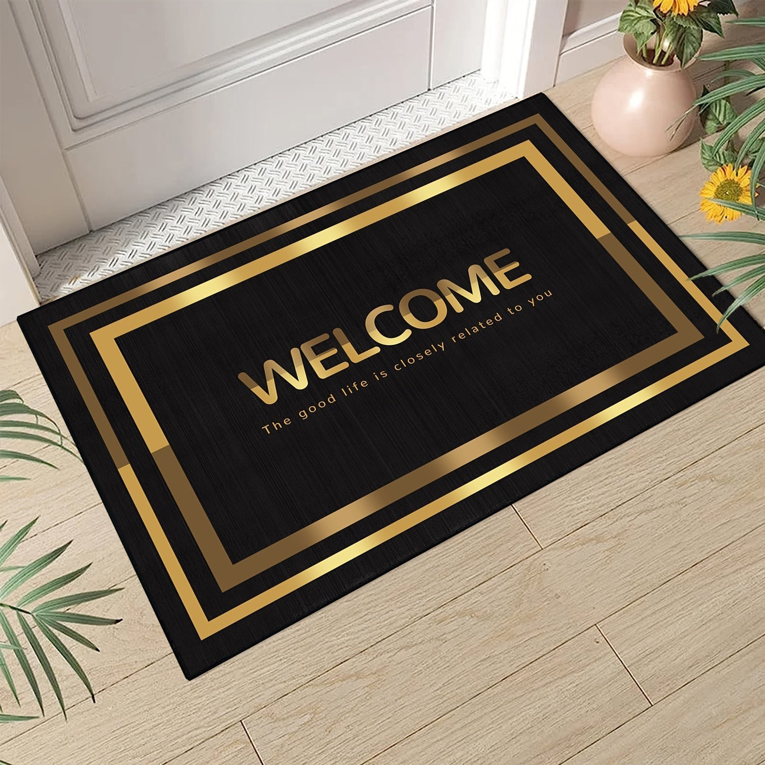 Black and Gold Welcome Door Mat Non-Slip Machine Washable Polyester