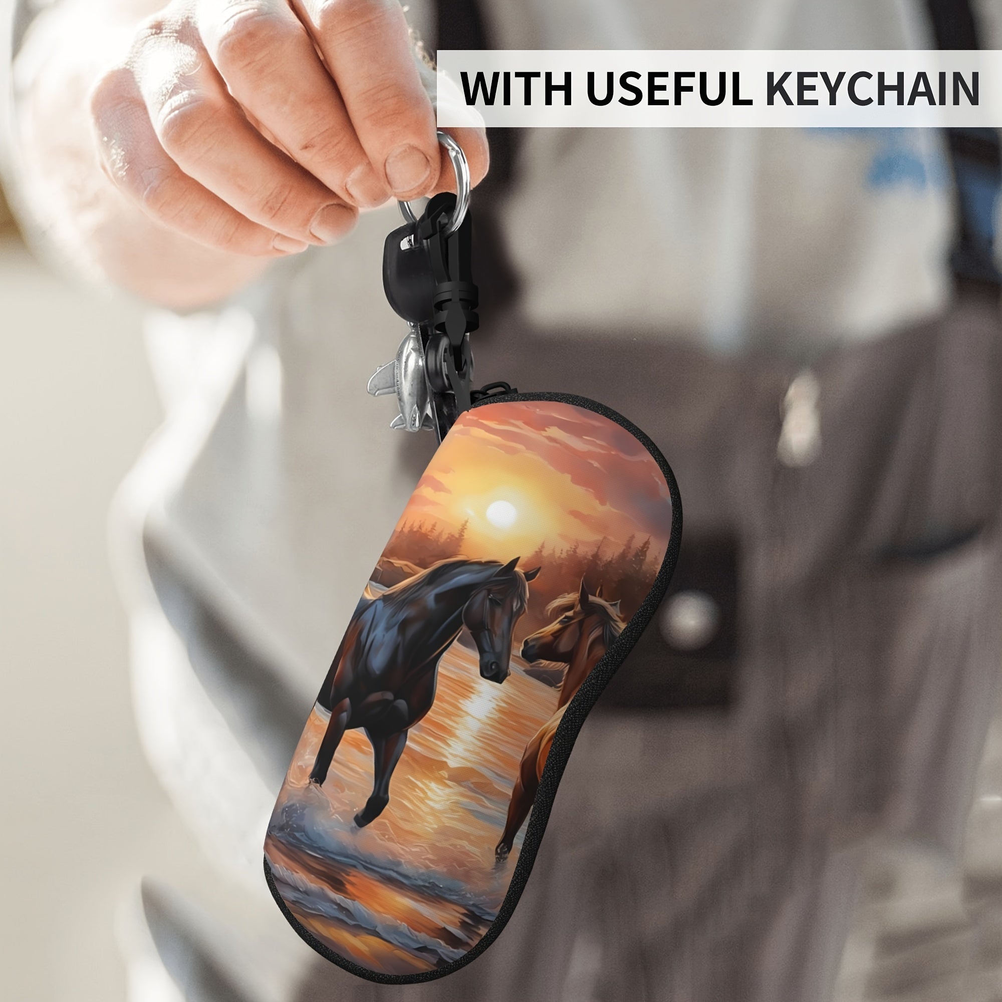 Horse Patterned Glasses Case Neoprene Eyewear Pouch with Zipper and Belt Clip