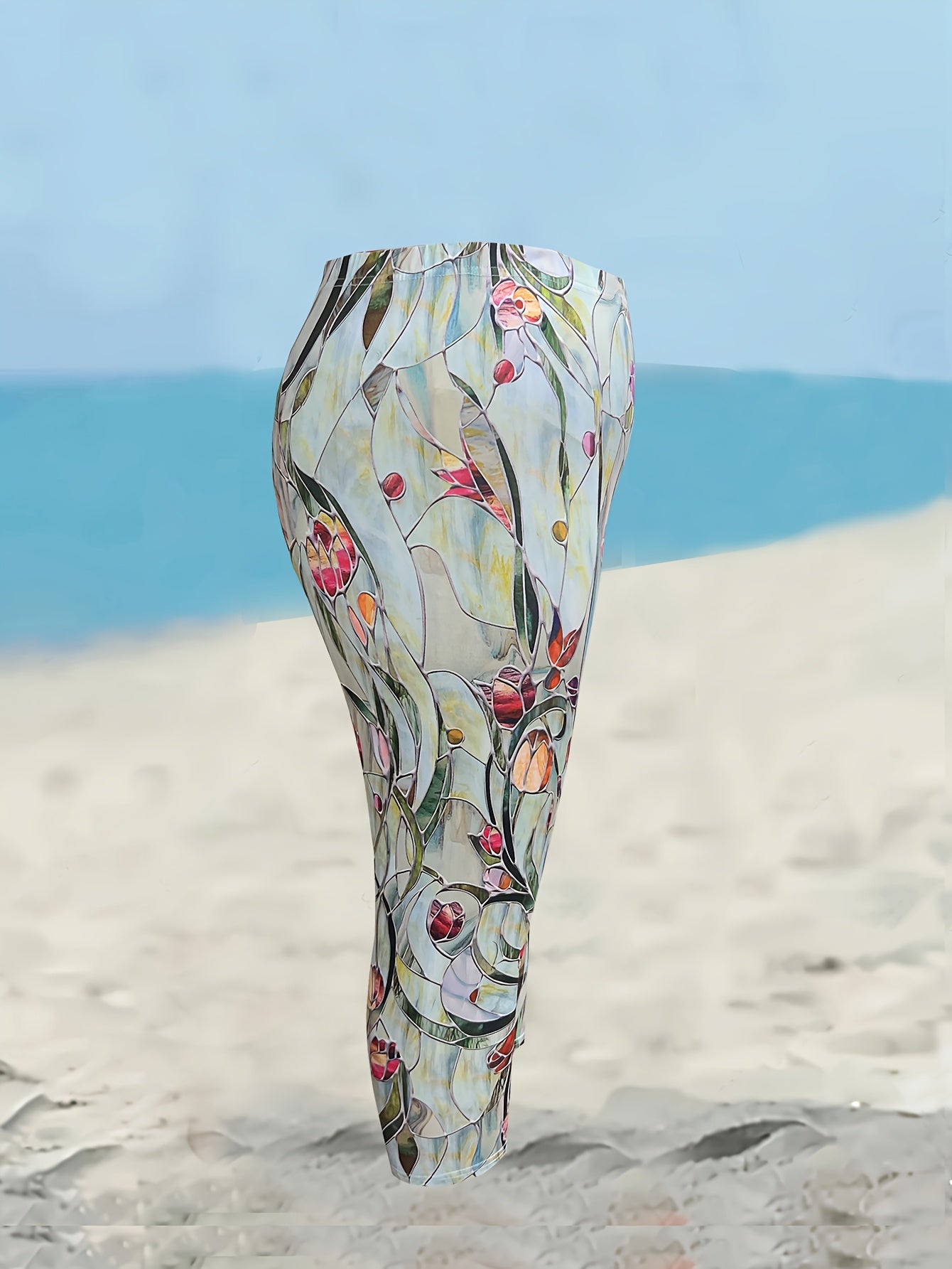 Women's Plus Size Floral Print High-Waisted Capri Leggings Polyester Stretchy Comfortable Summer