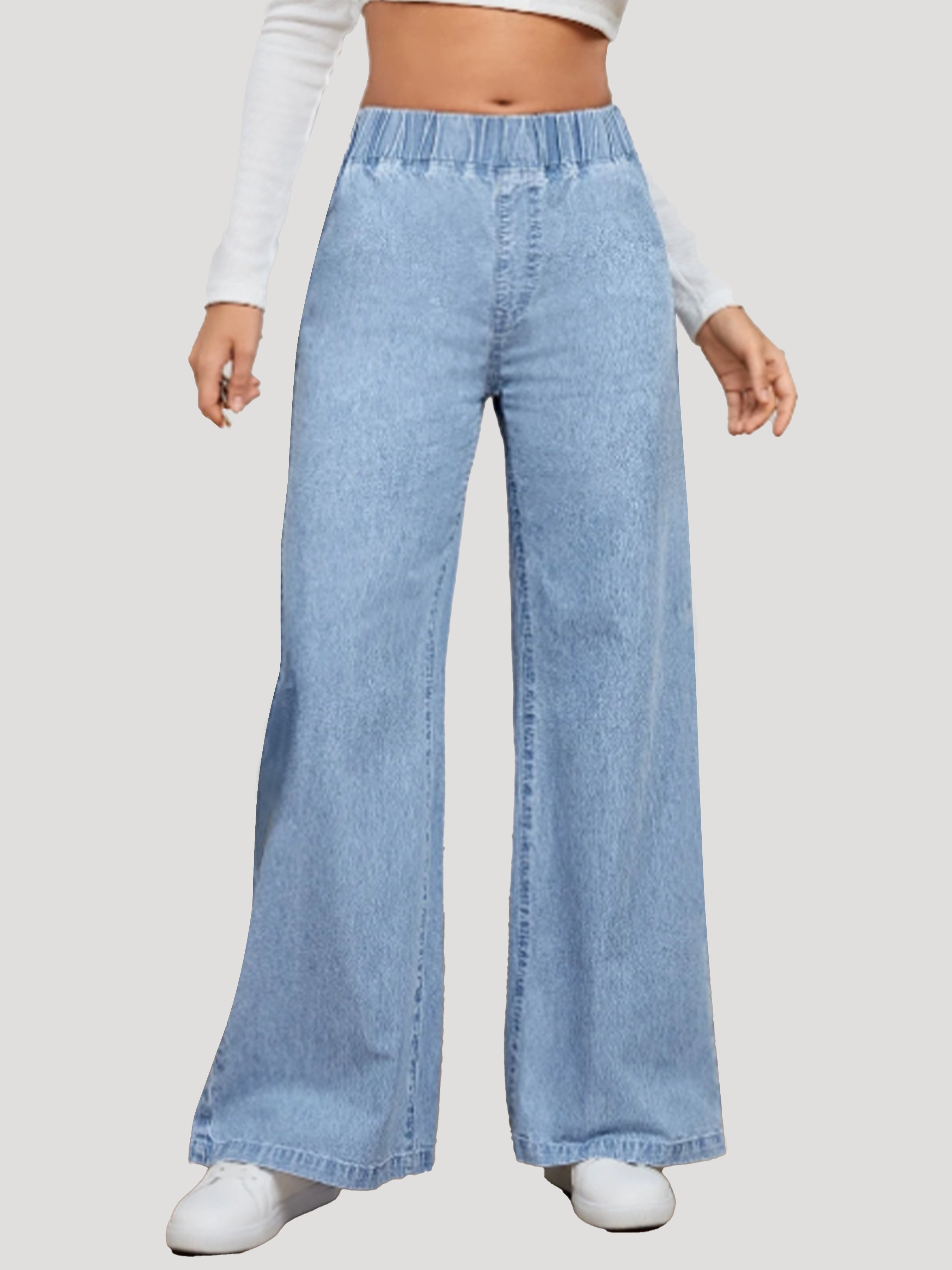 Ayollar uchun kundalik yuqori bel, keng bo’yinli, keng ko’krakli jinslar, yengil ko’k denim, qulay fit