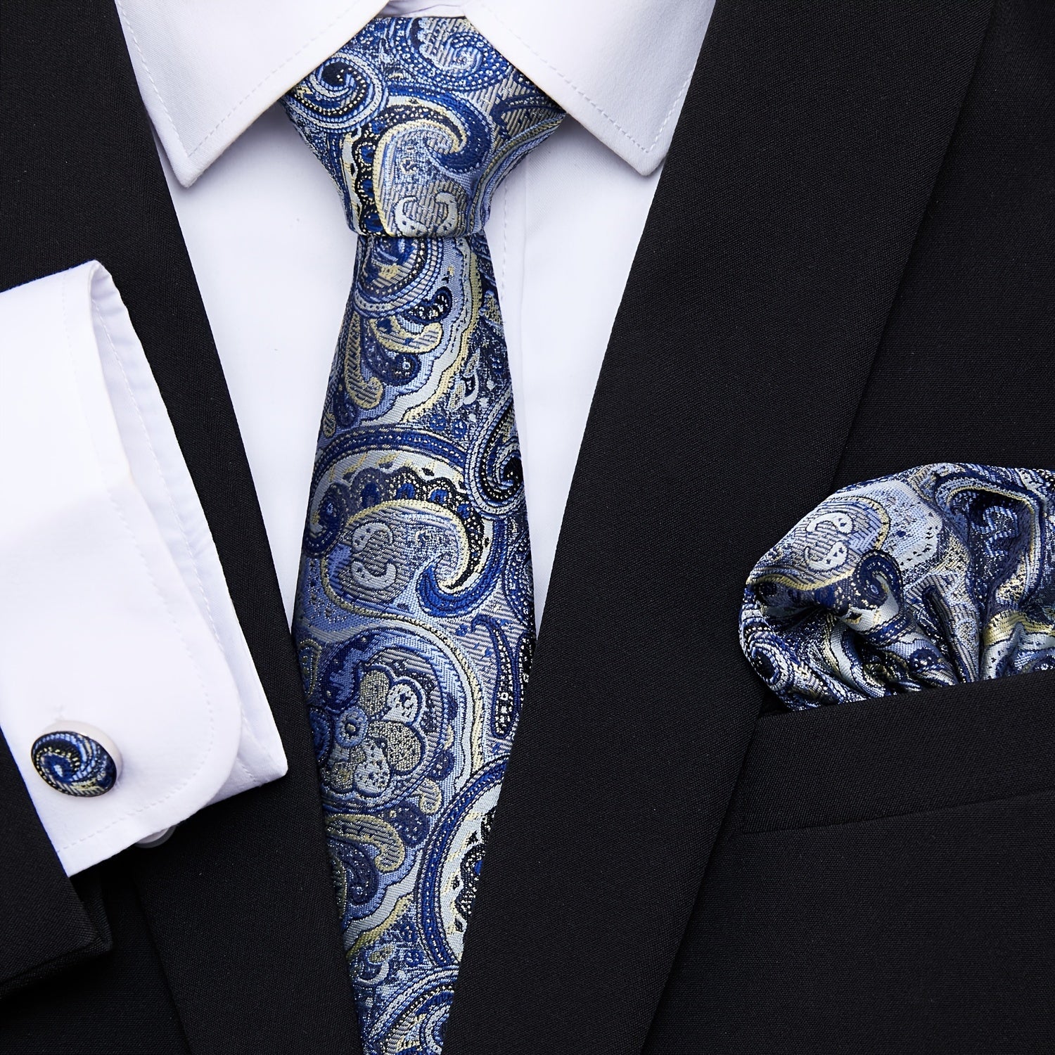 Men's Blue Jacquard Floral Tie Set with Pocket Square and Cufflinks for Weddings and Formal Events