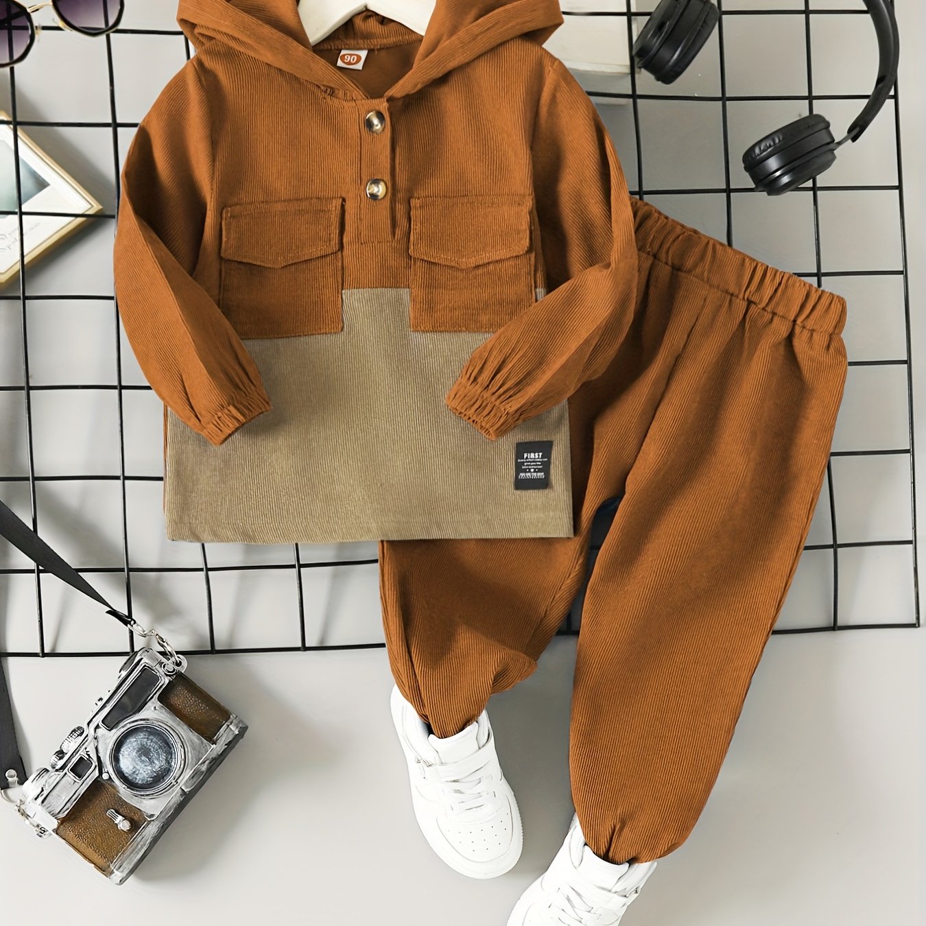 Boys Kids Corduroy Hoodie and Pants Set Brown Beige Fall Winter Casual Machine Washable