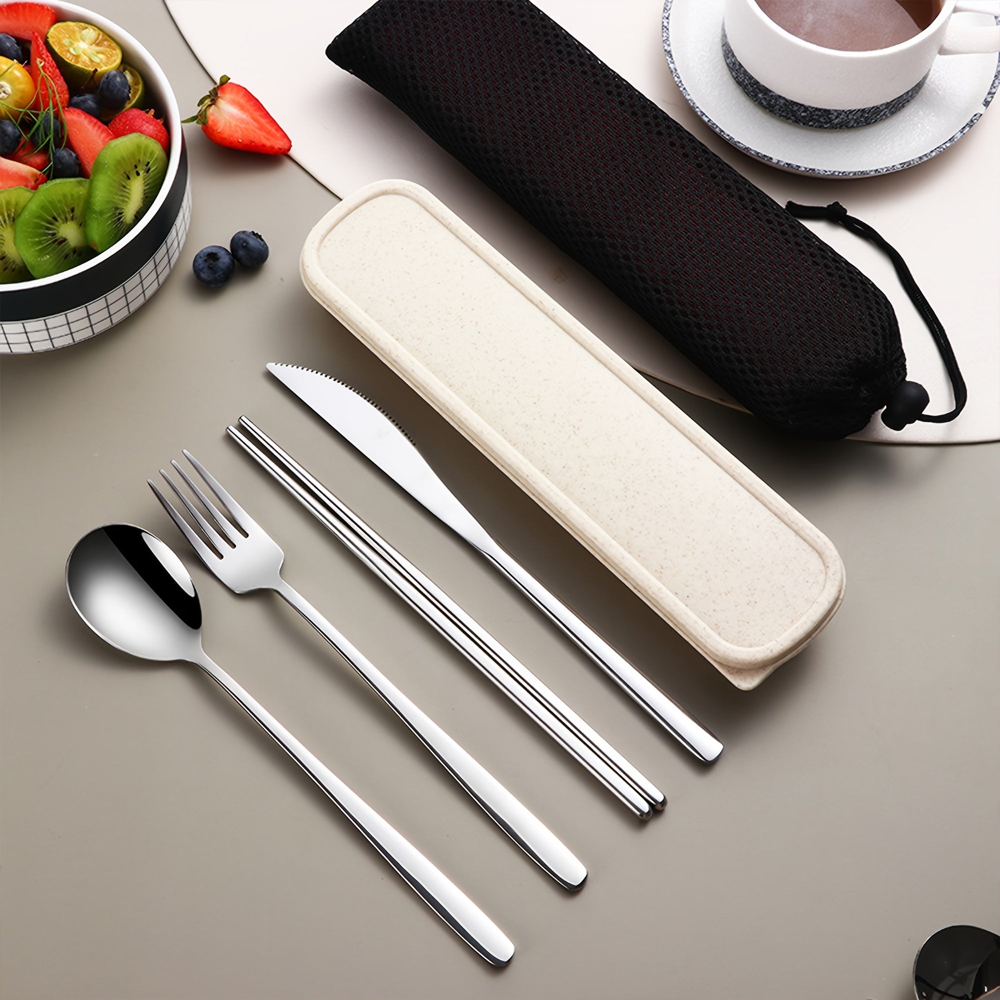 Stainless Steel Cutlery Set with Knife Fork Spoon and Chopsticks for Picnics Camping