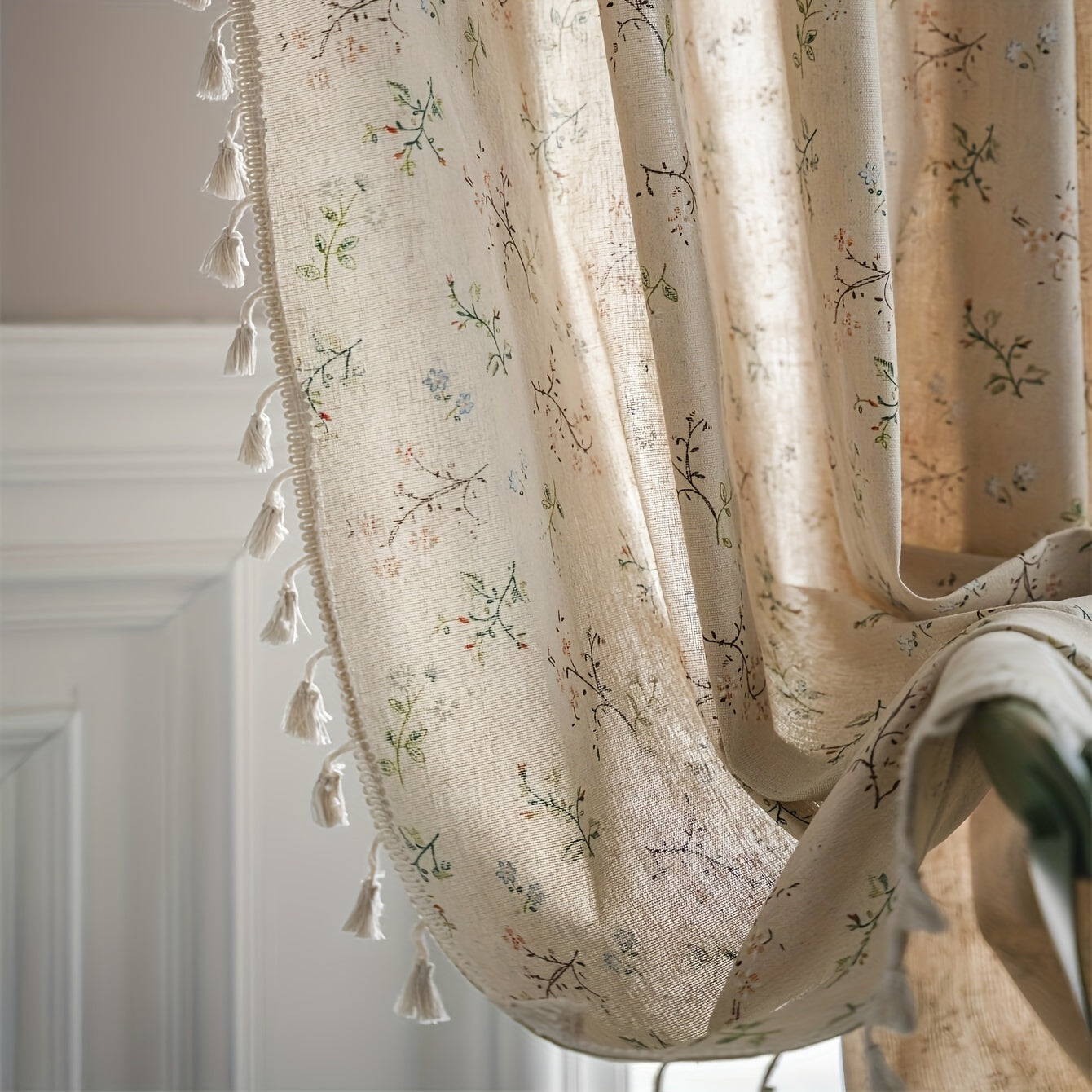 Bohemian Floral Milk-White Linen Curtain with Semi-Shading for Living Room Bedroom Office
