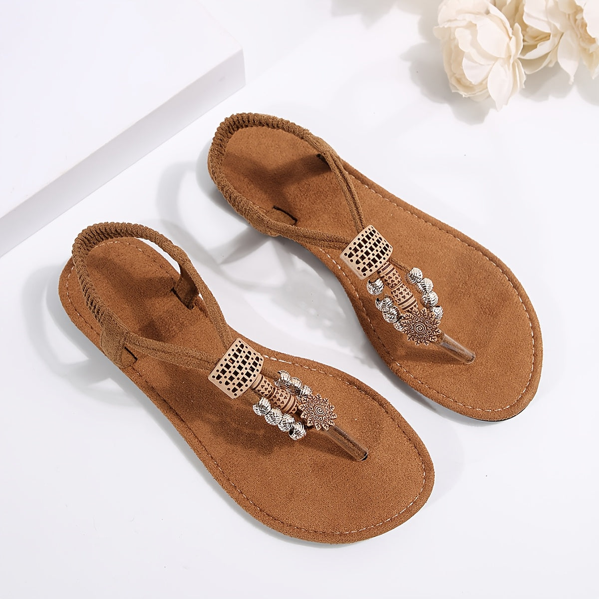 Women's Summer Flat Sandals Beaded Roman Strap Open Toe Fabric Upper Rubber Sole