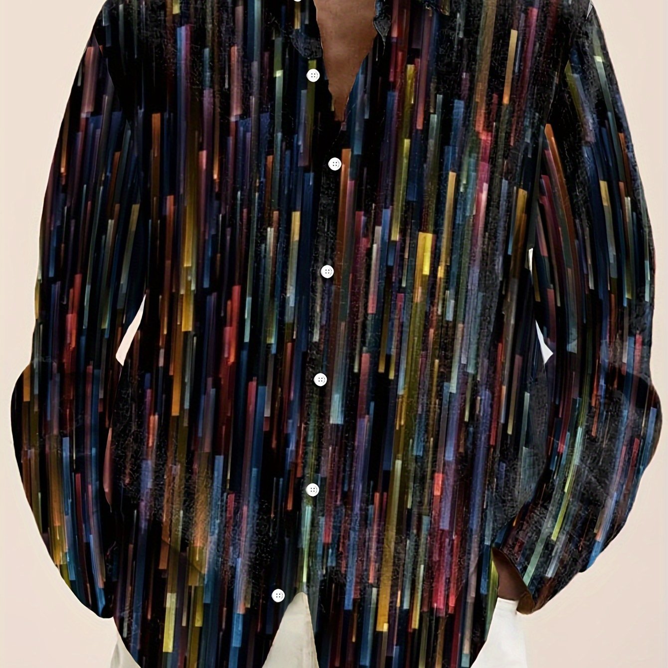 Vintage uslubidagi erkaklar uchun katta o'lchamdagi uzun qo'lqopli tugmachali ko'ylak, to'qilgan polyesterda, kamon rangli gradient bosma, oddiy kesim, kuz kolleksiyasi.