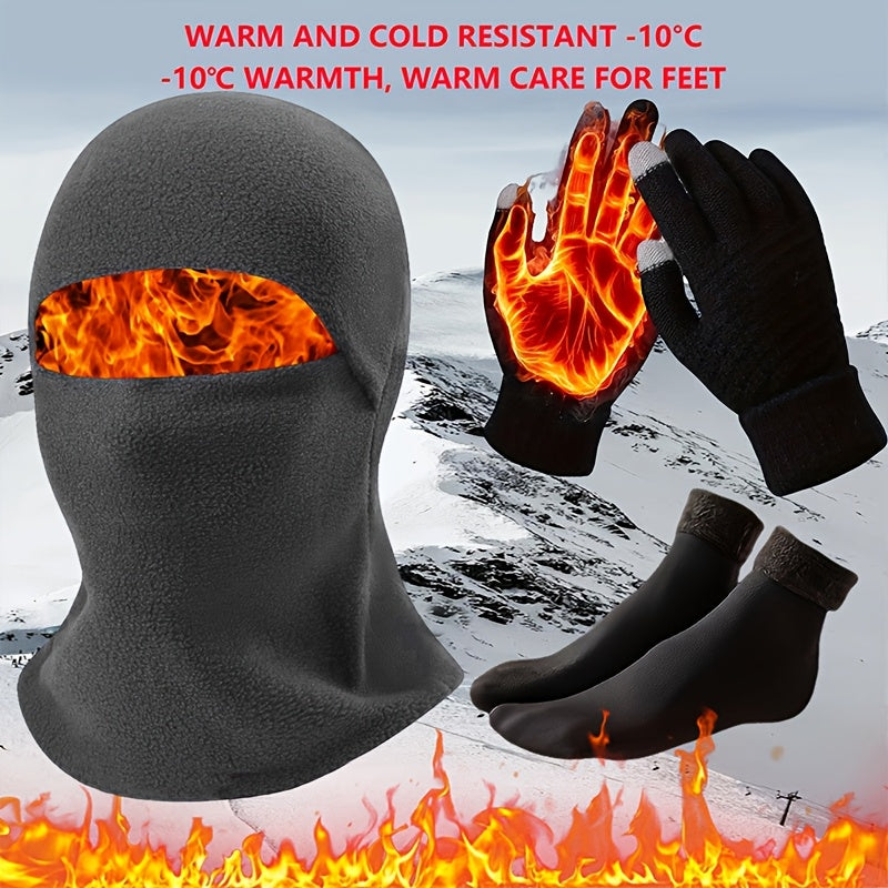 Men's Winter Fashion Set Thick Windproof Earflap Hat Touch Gloves Socks Polyester Knit Warm Cold Resistant