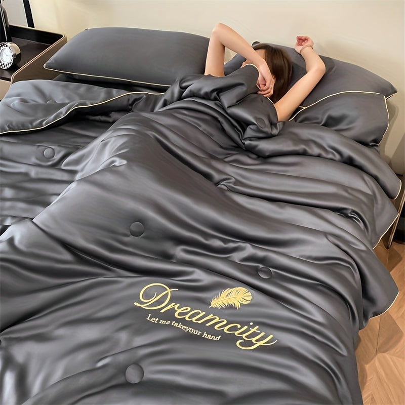 Summer Cooling Quilt Set with Embroidered Microfiber Pillowcases and Quilt