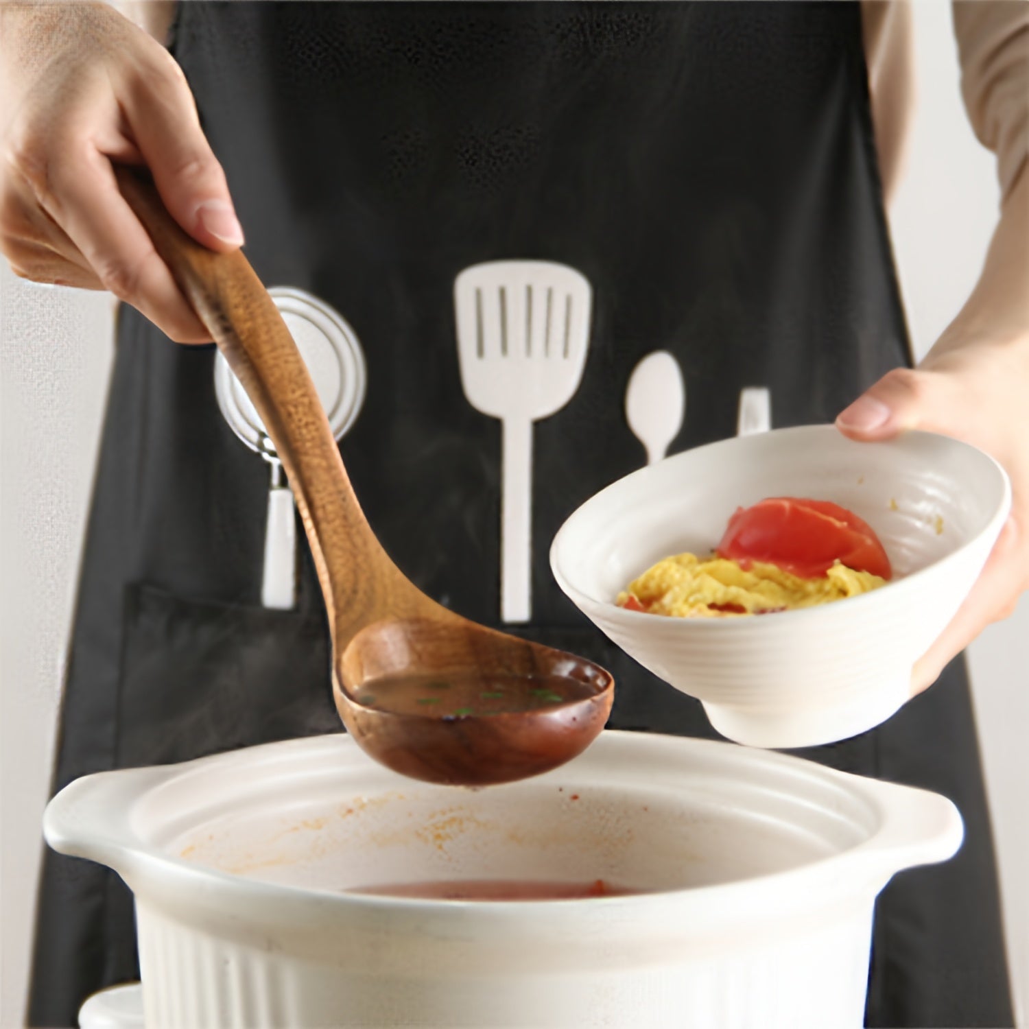 Set of 5 Wooden Kitchen Utensils with Holder, Premium Cooking Spoons and Tools
