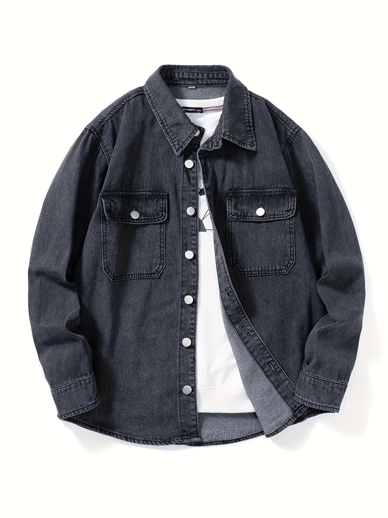 Men's Denim Shirt Casual Loose Fit Lapel Collar Pockets Spring Fall