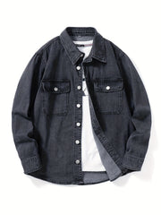 Men's Denim Shirt Casual Loose Fit Lapel Collar Pockets Spring Fall