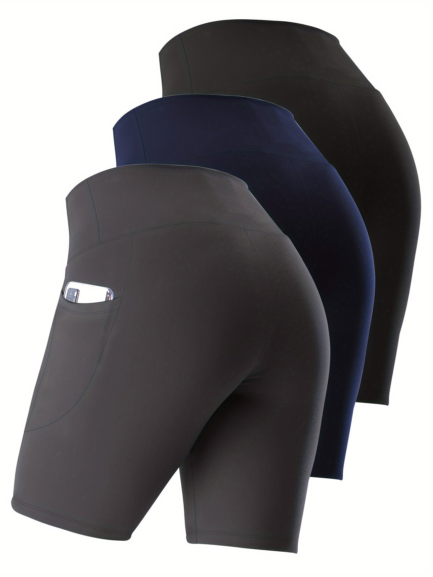 Ayollar uchun kattaroq o'lchamli yuqori belli bir rangli shortlar faoliyat kiyimlari to'plami, 3 ta