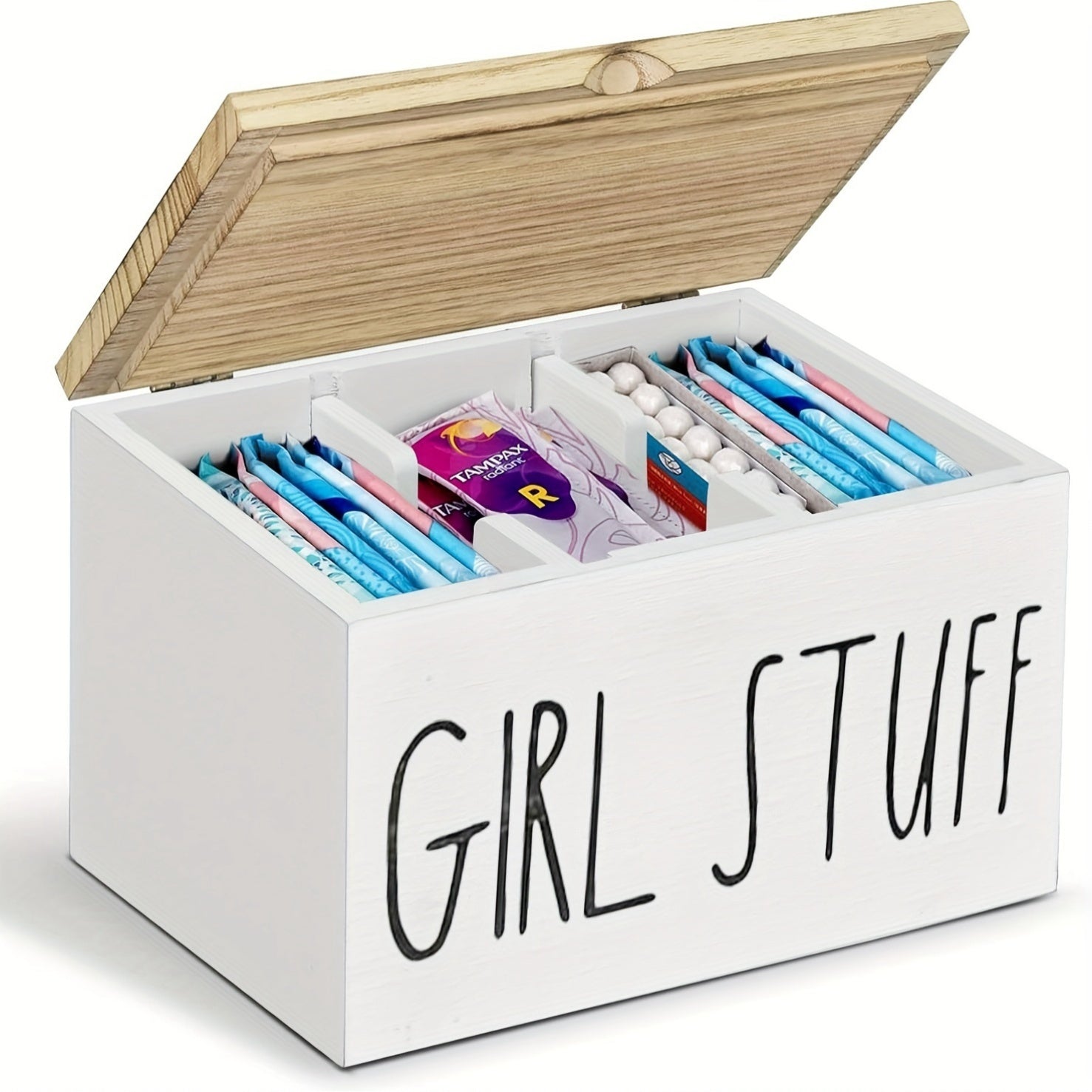 Wooden Bathroom Storage Box with Lid Removable Dividers for Girls Supplies