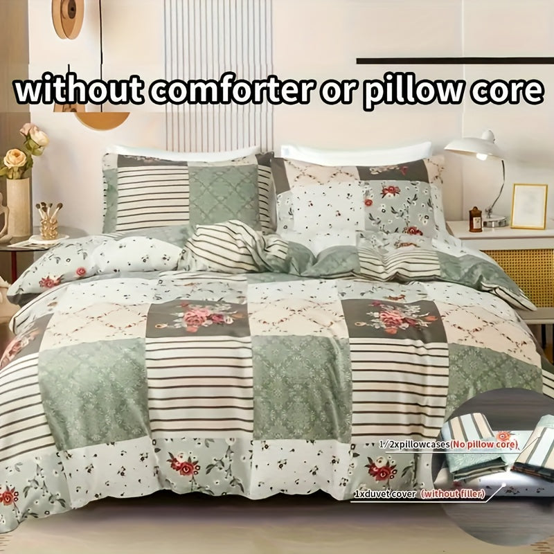 King Size Duvet Cover Set with Floral and Geometric Prints Soft Polyester All-Season Bedding